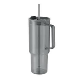 A drink bottle in transparent grey with a handle and a straw, featuring a lid and a sleek design.