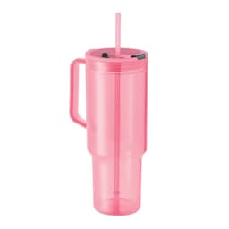 A drink bottle in translucent pink with a handle and straw, featuring a lid and a unique design.
