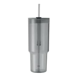 A drink bottle in transparent grey plastic with a straw and a lid, featuring a simple design.