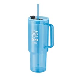 A blue drink bottle with a handle and straw, featuring a logo on the front.