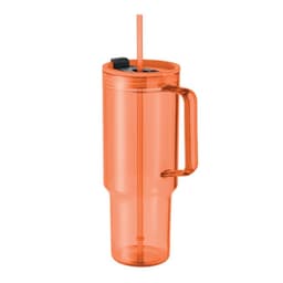 An orange drink bottle with a handle, lid, and straw, featuring a transparent design. It has a logo on it.