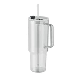 A clear drink bottle with a handle, straw, and a white lid, featuring a sleek, modern design.
