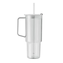 A clear drink bottle with a handle and a straw, featuring a two-part design for easy cleaning.