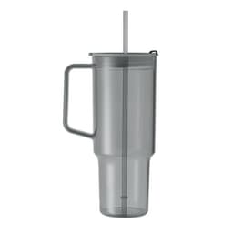 A grey drink bottle with a handle, featuring a removable lid and a built-in straw. It has a sleek design.