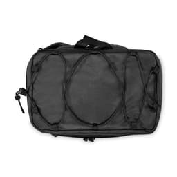 A black travel bag with a textured surface and bungee cord design on the top. Features a sturdy handle.