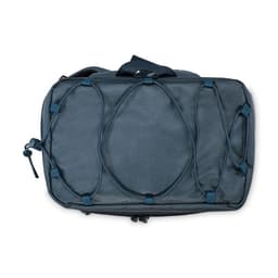 A dark blue travel bag featuring an elastic bungee cord design on the top. It has a sturdy handle for easy carrying.