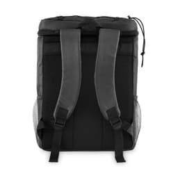 A backpack in black with padded straps and mesh side pockets, featuring a top opening with a drawstring closure.