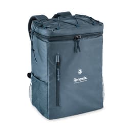 A backpack cooler in navy blue with a zippered main compartment and mesh side pocket, featuring a logo.