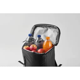 A drink bottle in an orange hue, alongside transparent bottles and red apples, inside a black, insulated bag.