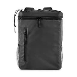 A drink bottle with a sleek, dark grey exterior featuring a zippered compartment and mesh side pockets.