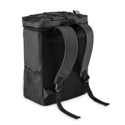 A black backpack with padded straps and a mesh side pocket, featuring a structured top and organisational features.