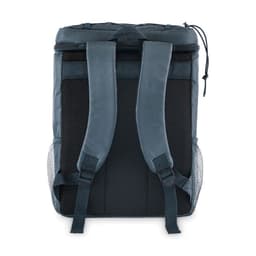 A dark blue backpack with padded shoulder straps and mesh side pockets, featuring a simple design.