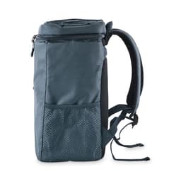 A drink bottle cooler backpack in dark blue with a mesh pocket and adjustable straps. It features a zippered top.