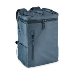 A backpack cooler in a dark blue colour with a zippered main compartment and mesh side pocket.