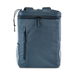 A blue backpack with a main zip compartment, side mesh pockets, and shoulder straps. It features a logo.