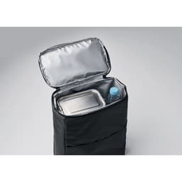 A drink bottle and a metal container inside a black insulated bag with a silver interior.
