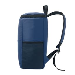 A drink bottle cooler bag in navy blue with a mesh side pocket and adjustable straps.