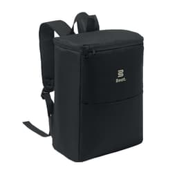 A black backpack with padded straps and zippered compartments, featuring a small logo on the front.
