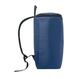 A drink bottle in navy blue, featuring a zippered top and a side pocket. It has a branding logo.