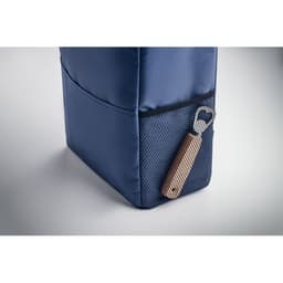 A drink bottle holder in navy blue with a textured black pocket and a wooden bottle opener attached.