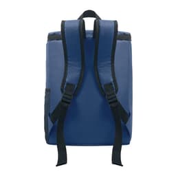 A drink bottle with a navy blue exterior, featuring black straps and a simple design. It includes a logo on the front.