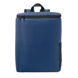 A navy blue insulated backpack with a zippered top and a mesh side pocket, featuring a branded logo.