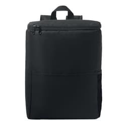A black backpack with a top zip closure and a front pocket. It features a mesh side pocket and a carrying handle.