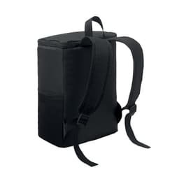 A black backpack cooler with a soft exterior and padded straps, featuring a side mesh pocket.
