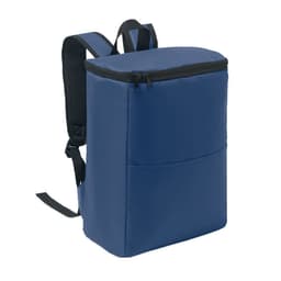 A blue backpack with a zippered top and adjustable straps, featuring a front pocket for extra storage.