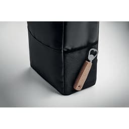 A drink bottle bag in sleek black fabric, featuring a textured pocket and a bottle opener attachment.