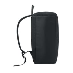 A black backpack with a zippered top, featuring a single strap and side pocket. It has a simple, sleek design.