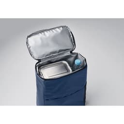 A drink bottle and a food container inside a navy blue insulated cooler bag with a silver lining.