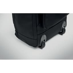 A black wheeled bag featuring smooth, durable wheels for easy transport. It has a sleek design and robust construction.