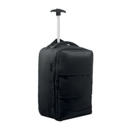 A black rolling suitcase with a telescopic handle and multiple compartments. It has a sleek, simple design.