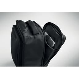A black bag with a zipper showing a compartment containing a mobile phone. The bag has a sturdy handle.