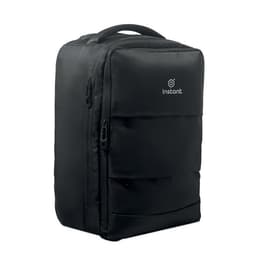A black backpack featuring multiple compartments and a handle, with a logo on the front.