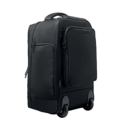 A black wheeled backpack with multiple compartments and a sturdy handle for easy transportation. It has a sleek design.