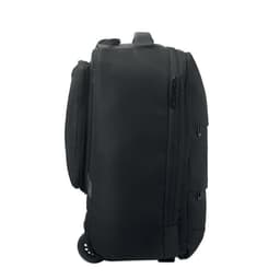 A wheeled backpack in black with multiple compartments and zippers for added storage. Features a sturdy handle.