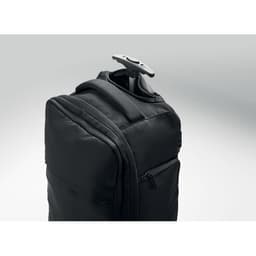 A black carry bag with a smooth exterior and a handle on top, featuring zippered compartments.