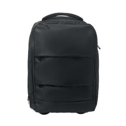 A black travel backpack with multiple compartments and zippers, featuring a sturdy handle on top.