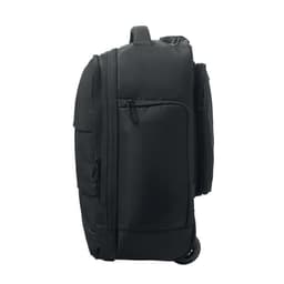 A black wheeled backpack with multiple zippered compartments and a handle for easy transport.