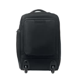 A black wheeled backpack with a front pocket and a handle on top. It has a smooth, sturdy design.
