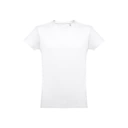 A white men's tubular cotton T-shirt featuring a simple design and a logo.
