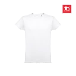 A white men's tubular cotton T-shirt with a simple design and a small logo at the top.