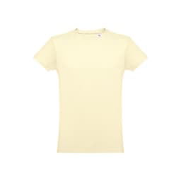 A men's tubular cotton T-shirt in a light cream colour, featuring a logo on the label.