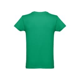 A men's tubular cotton T-shirt in vibrant green, featuring a simple design and a logo on the back.