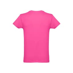 A men's tubular cotton T-shirt in bright pink. The shirt has a plain back and includes a logo.