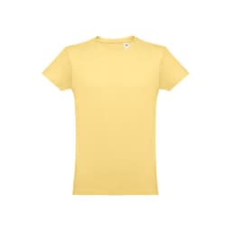 A men's tubular cotton T-shirt in a soft yellow colour, featuring a logo on the label.