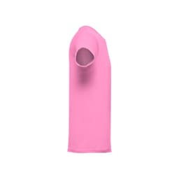 A pink men's tubular cotton T-shirt displayed from the side, featuring a simple design and a logo.