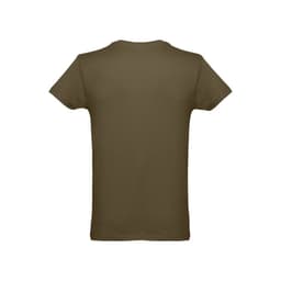 A men's tubular cotton T-shirt in olive green, featuring a simple design and a logo on the back.